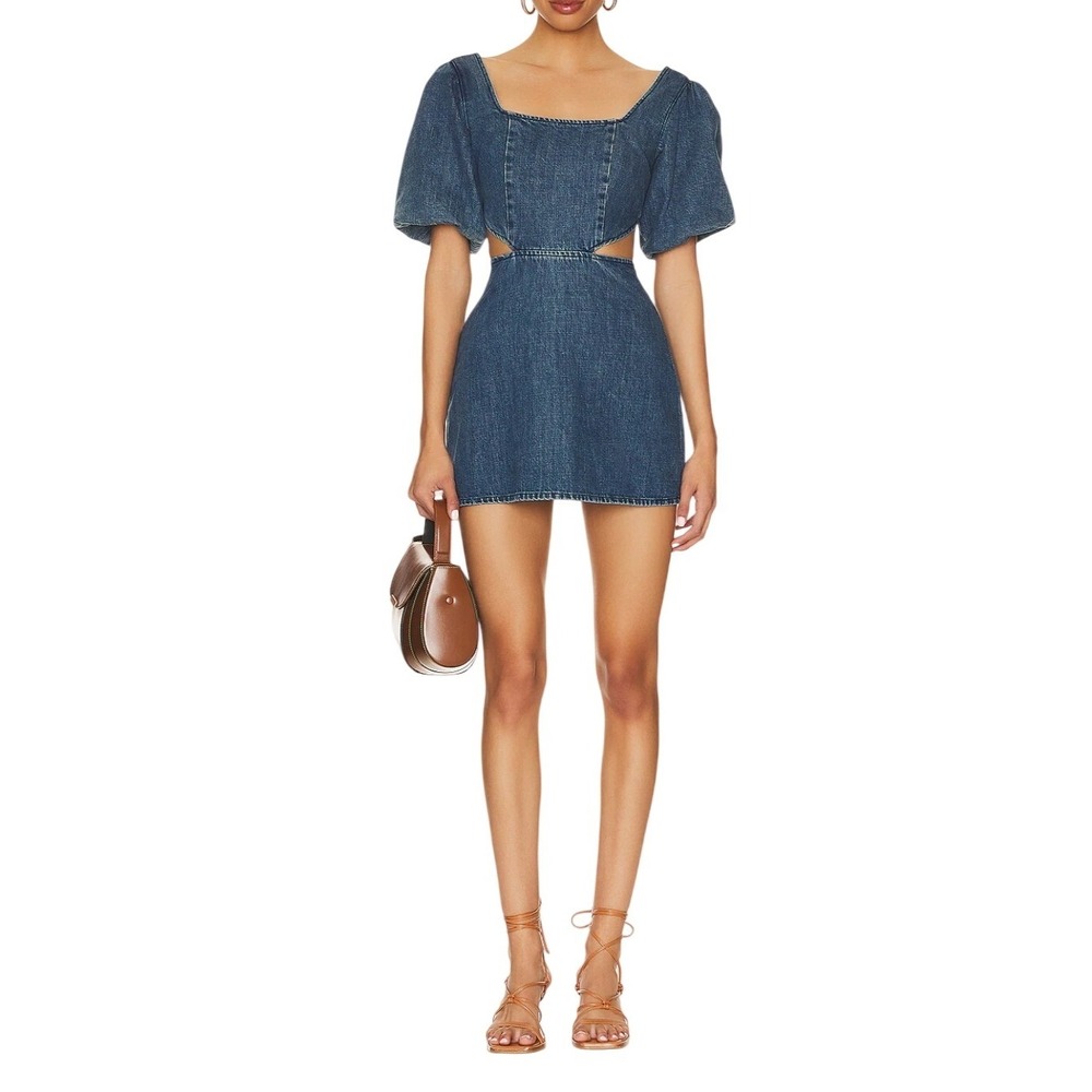 Show Me Your Mumu City Cut Out Mini Denim Dress Puff Sleeve Festival Western, Lg - Picture 2 of 8